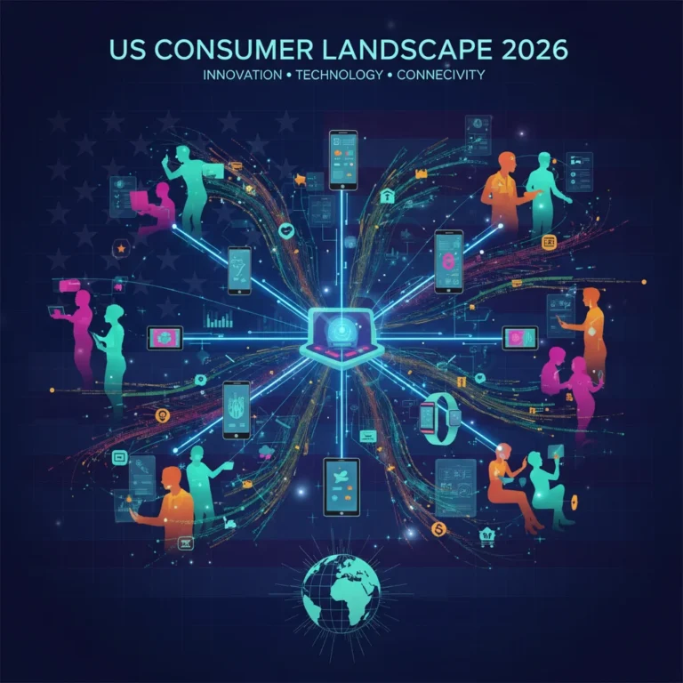 Futuristic infographic showing interconnected digital devices and diverse US consumers in 2026, representing evolving market trends.
