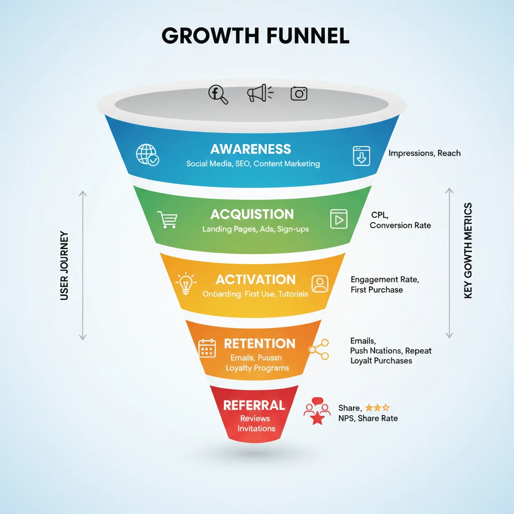 User acquisition and retention funnel infographic for startups