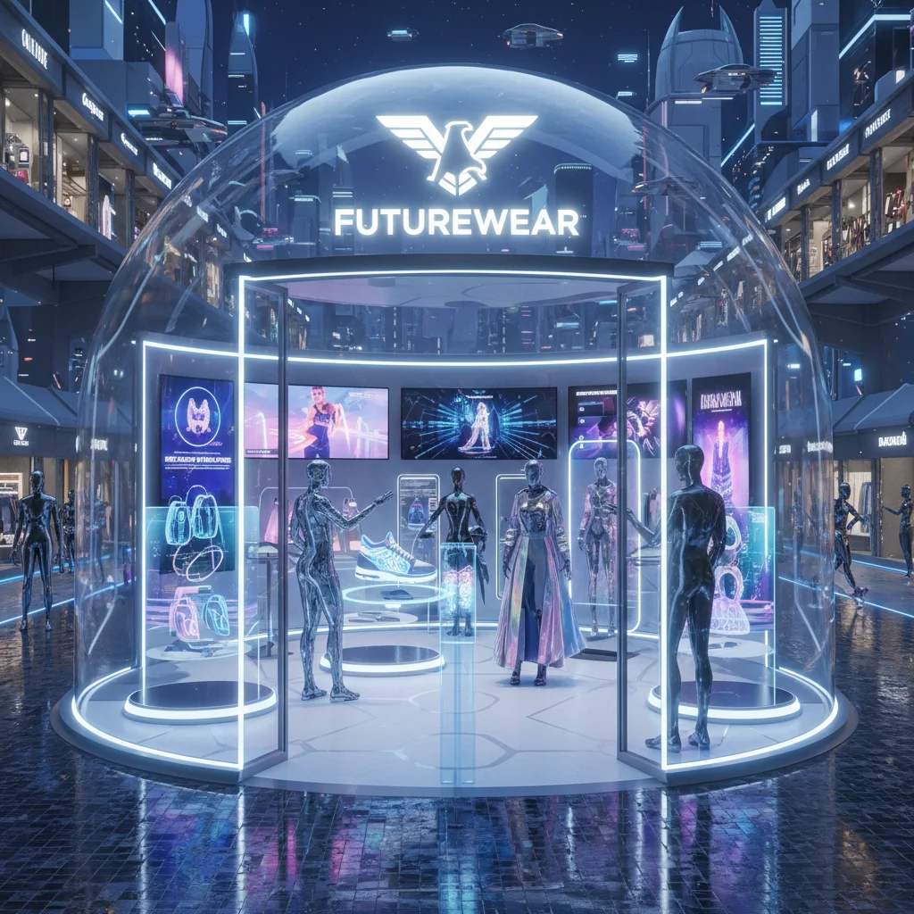 Virtual storefront in the metaverse showcasing digital products and avatar interaction.