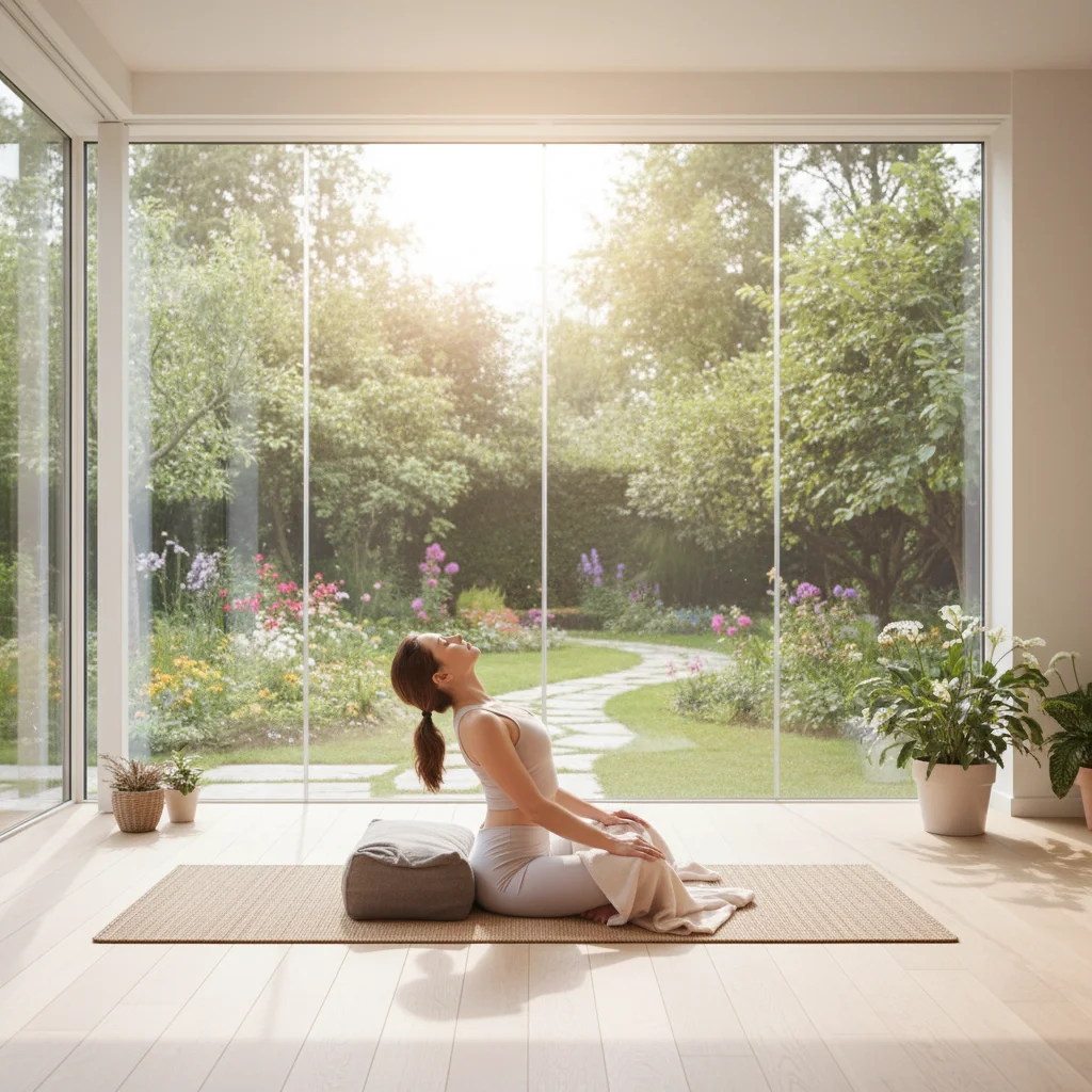 Person practicing yoga in a bright, natural light-filled wellness room
