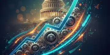 Economic graph rising with gears, symbolizing strategic growth in the 2026 US economy.