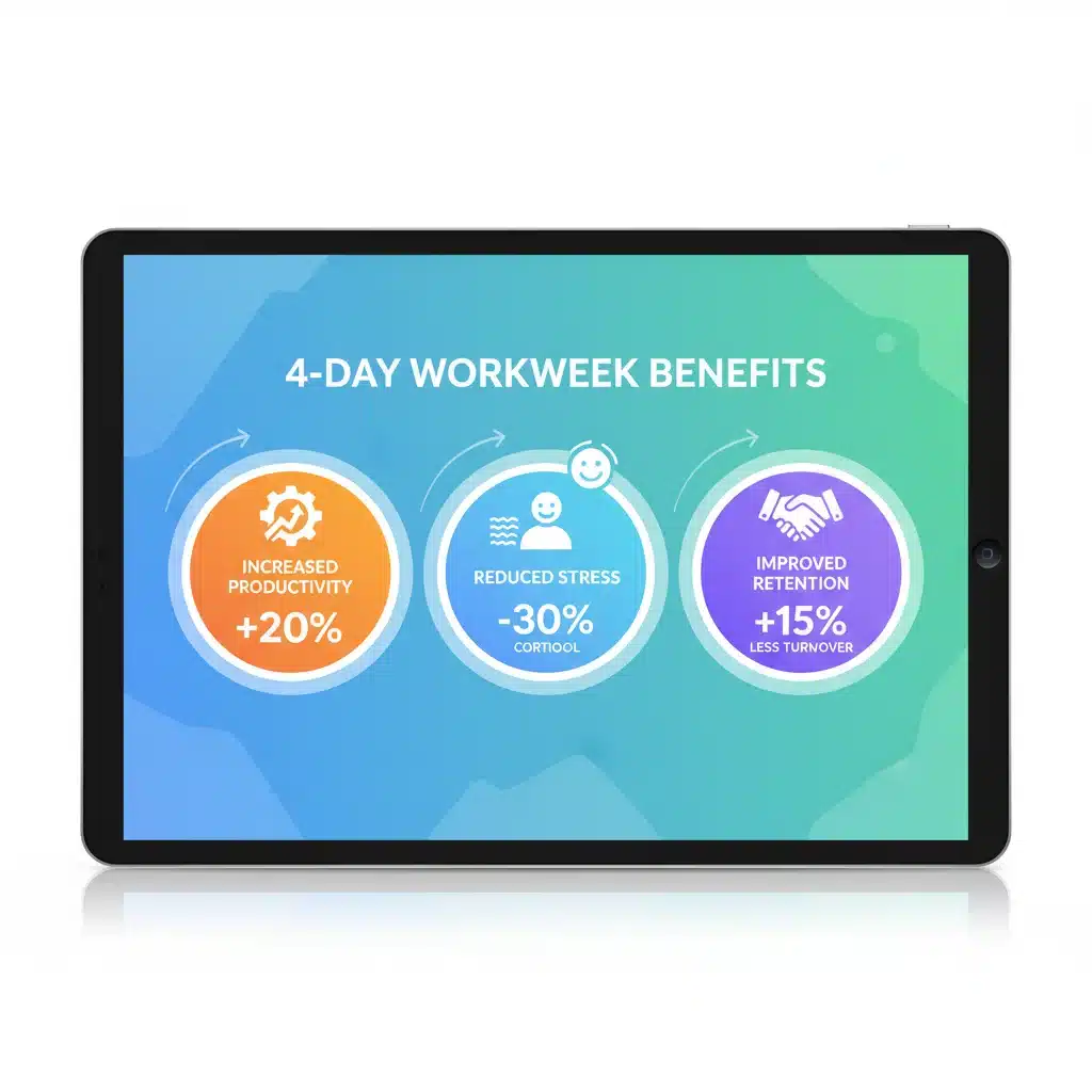 Infographic showing positive impacts of a 4-day workweek on productivity and well-being.