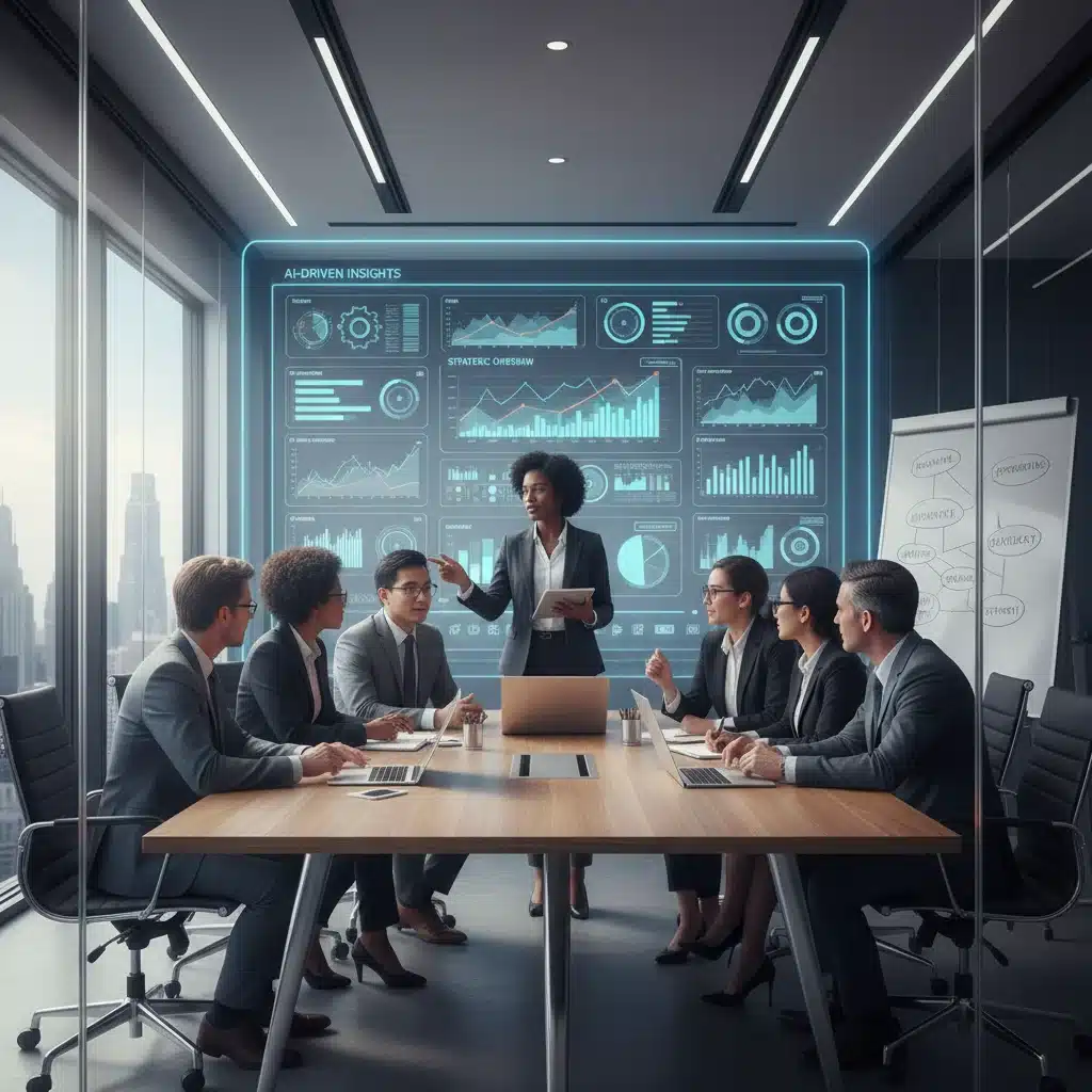 Business leaders analyzing AI-driven insights