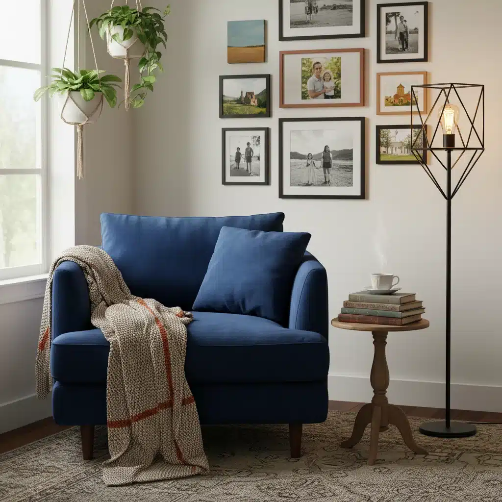 Cozy reading nook with personalized gallery wall and warm lighting, reflecting individual style.