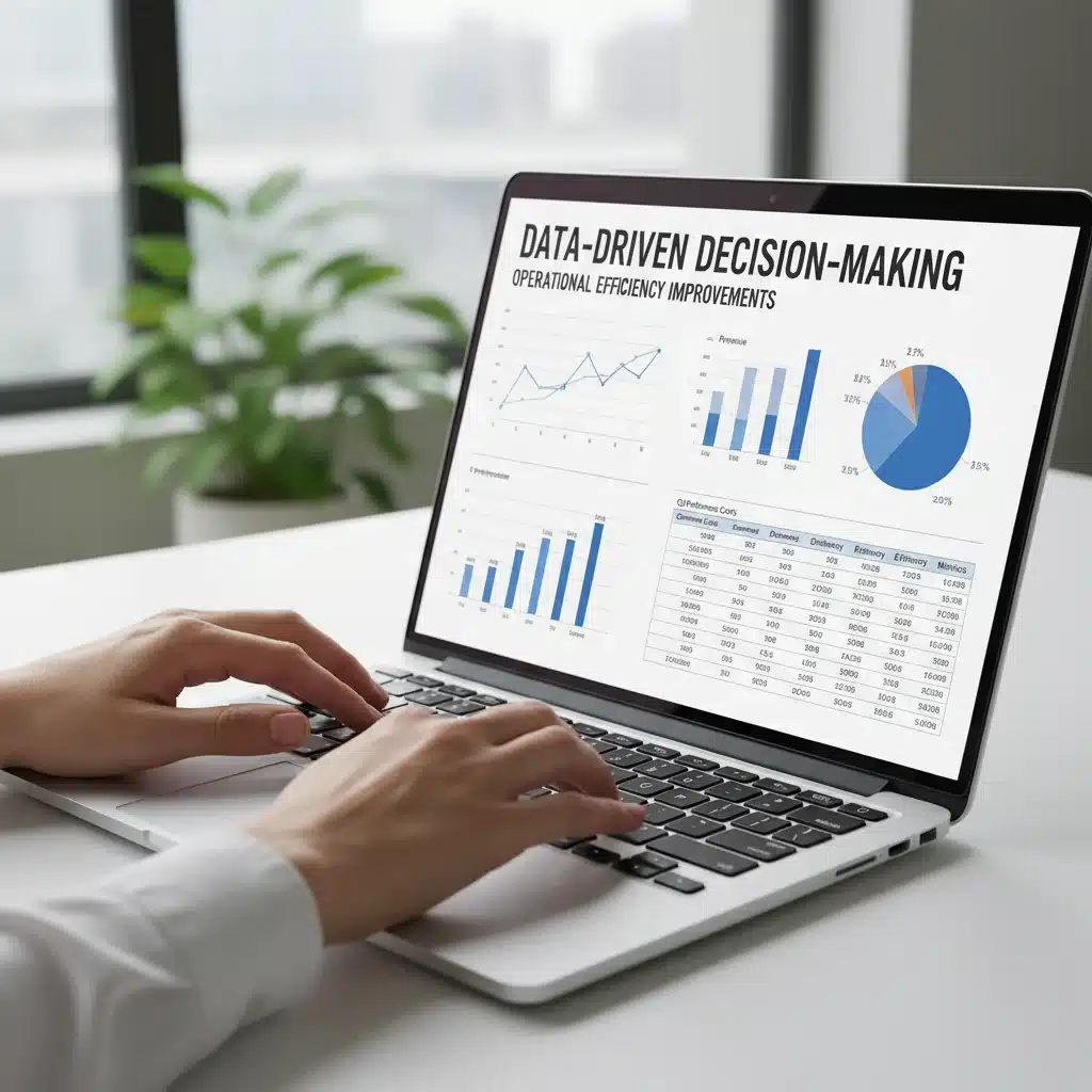 Hands typing on laptop with financial reports, data analysis