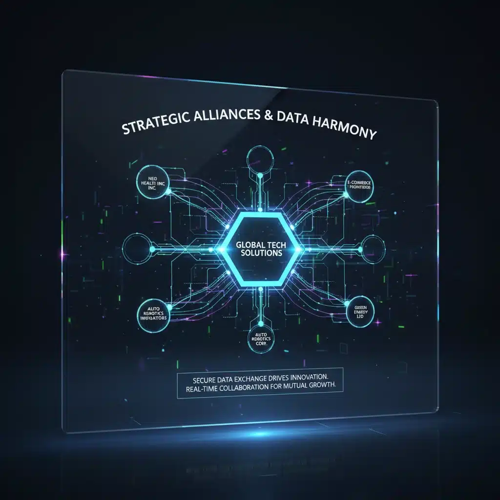 Data visualization depicting interconnected companies and secure data sharing in partnerships