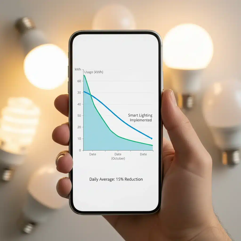 Smartphone displaying energy savings graph from smart lighting implementation in a home.