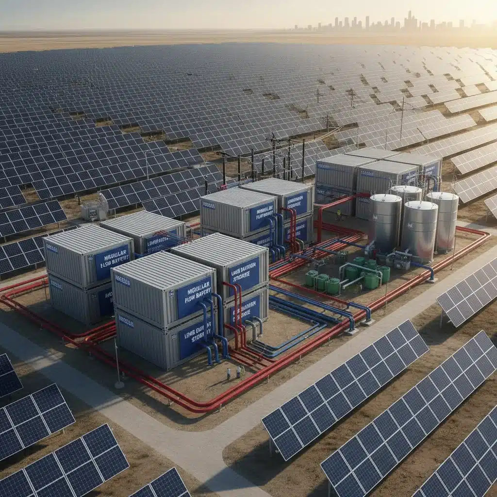 Large-scale flow battery system connected to solar panels for grid energy storage