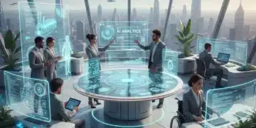 Futuristic office with AI data analytics and automation