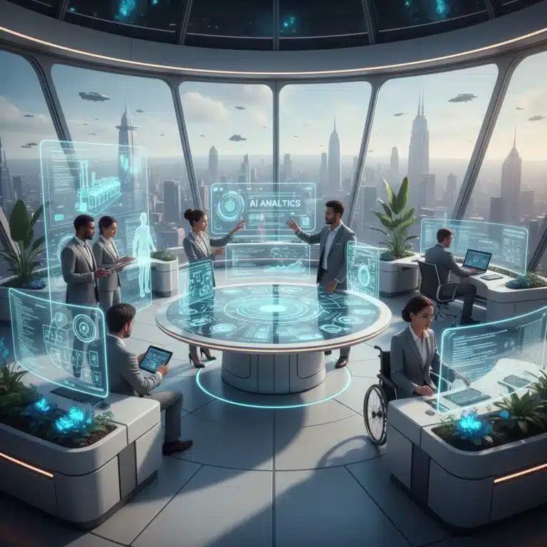 Futuristic office with AI data analytics and automation