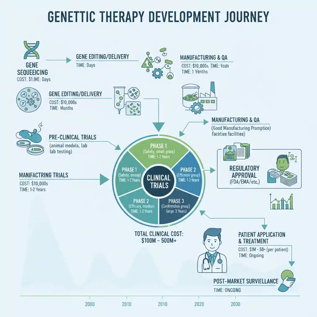 Infographic showing the stages and complexities of genetic therapy development.