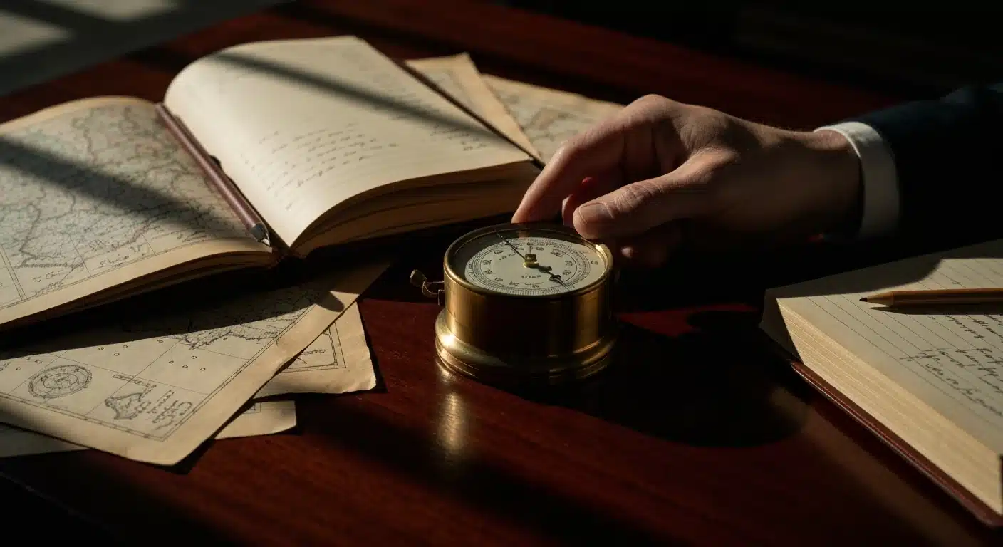 A hand adjusting a vintage brass barometer on a mahogany desk with old maps and a journal, illuminated by soft, directional window light, symbolizing market intelligence and trend analysis.