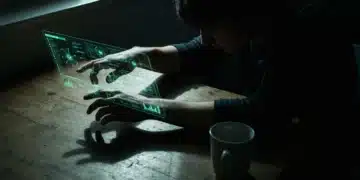 A person engaging with complex digital data visualizations on a transparent screen, highlighting the shift from data overload to strategic insights.