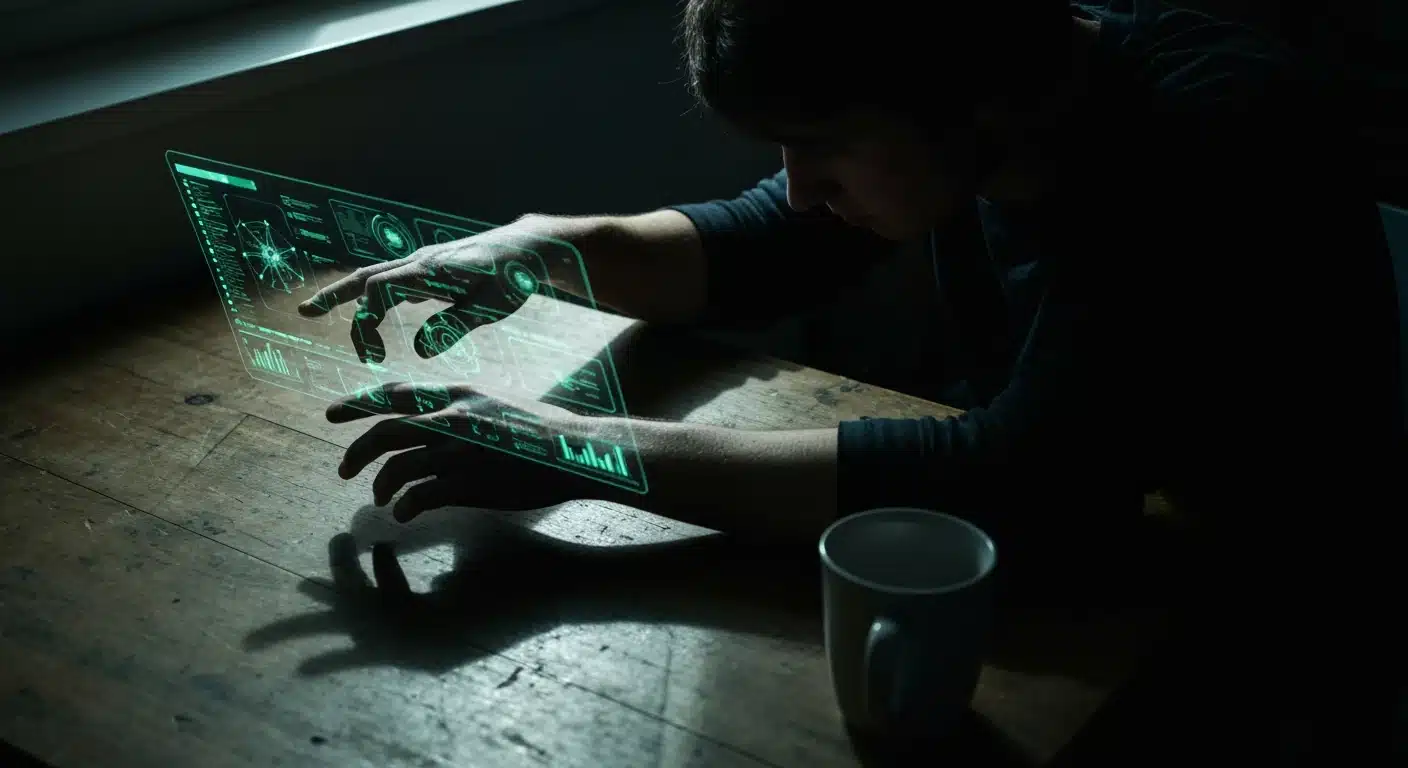 A person engaging with complex digital data visualizations on a transparent screen, highlighting the shift from data overload to strategic insights.