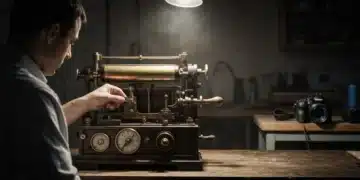 A person from behind works on an antique film developing machine, dramatically lit, symbolizing outdated business models in the face of technological change.