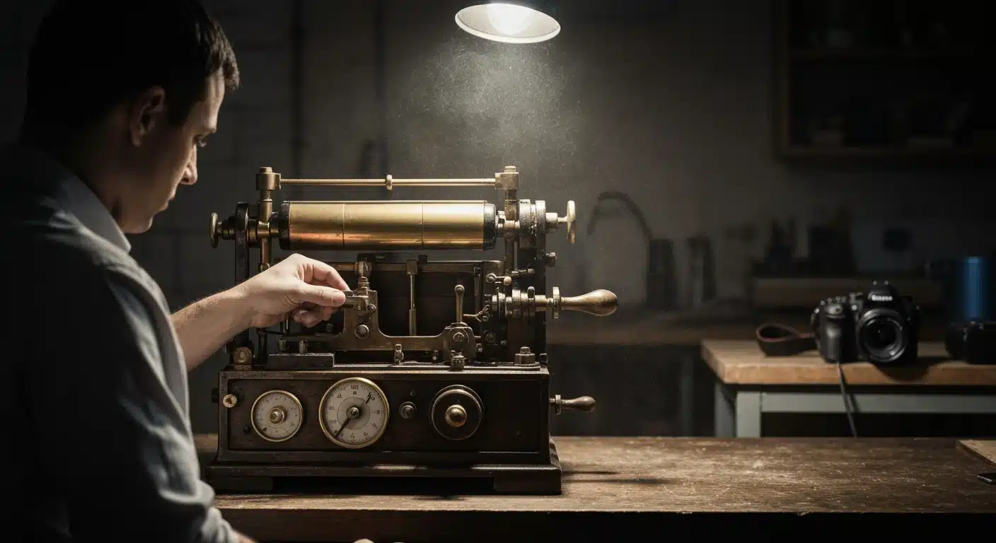 A person from behind works on an antique film developing machine, dramatically lit, symbolizing outdated business models in the face of technological change.