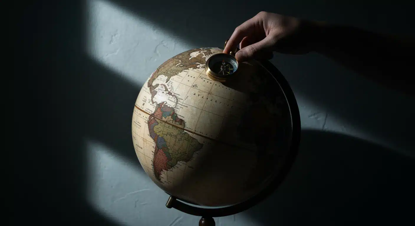 An aged globe with an antique brass compass, dramatically lit, symbolizing strategic navigation through global economic shifts.