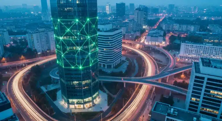 Aerial view of a city at dawn, a modern skyscraper emitting green light patterns symbolizing business insights, with intricate road networks representing data streams.