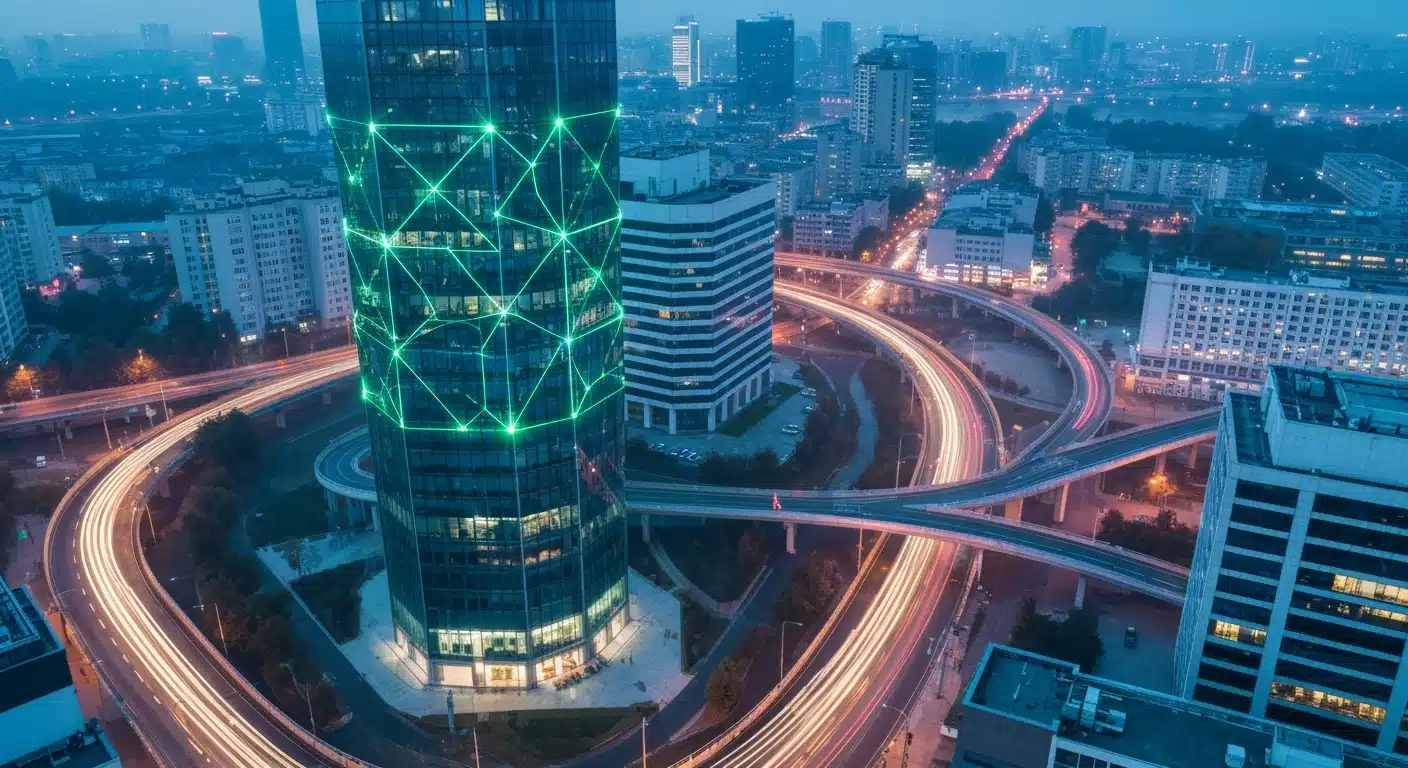 Aerial view of a city at dawn, a modern skyscraper emitting green light patterns symbolizing business insights, with intricate road networks representing data streams.