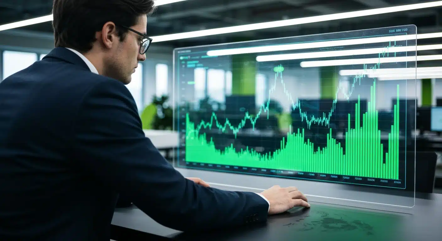 A business professional analyzing real-time market data on a transparent digital screen in a modern office, showcasing dynamic growth insights and consumer behavior shifts.