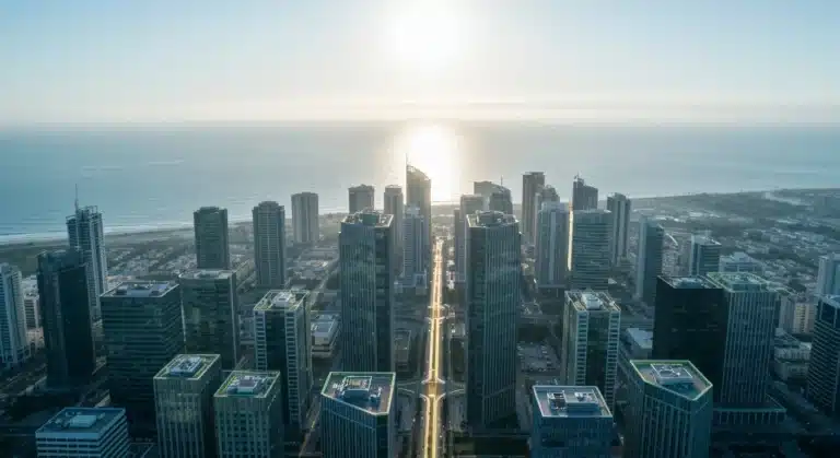 An aerial drone shot of a futuristic cityscape at dawn, with geometric green-accented skyscrapers and a path leading towards the ocean, symbolizing future-forward business insights and growth strategies.