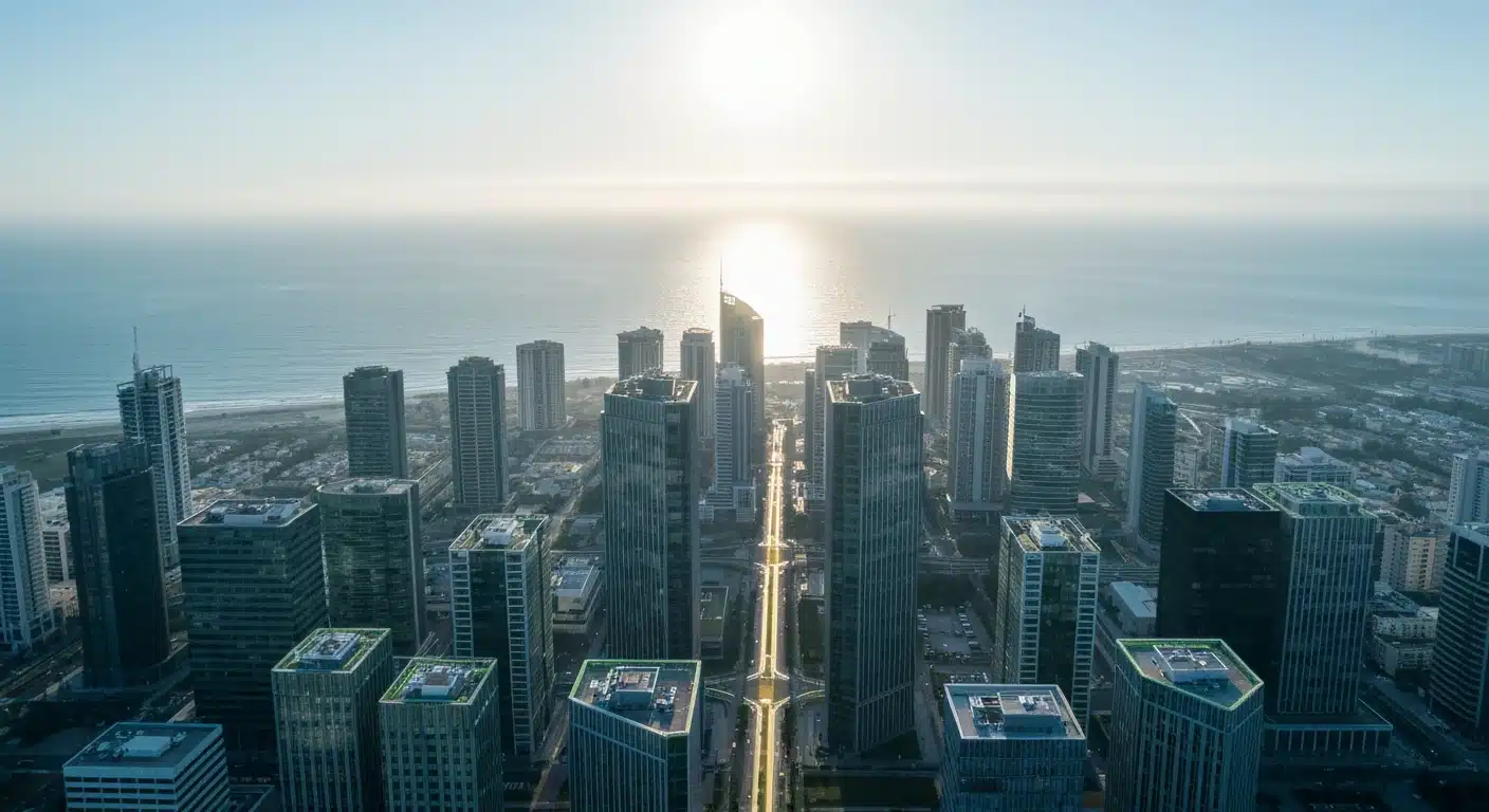 An aerial drone shot of a futuristic cityscape at dawn, with geometric green-accented skyscrapers and a path leading towards the ocean, symbolizing future-forward business insights and growth strategies.