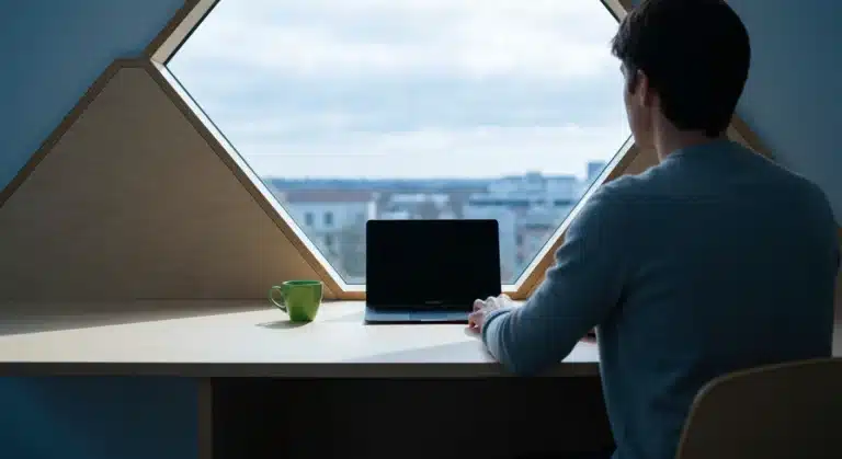A person seen from behind, sitting at a modern birch wood desk with a laptop and green mug, looking out a large window at an urban skyline, representing the evolving landscape of modern living and work shifts.