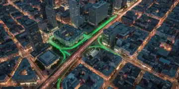 Igniting Momentum: Unveiling Strategic Business Insights for Enduring Growth Aerial view of a city grid at dusk, featuring geometric patterns of buildings and roads, with bright green light trails representing data flow and strategic business insights, highlighting future-forward growth.