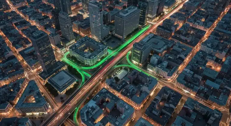 Aerial view of a city grid at dusk, featuring geometric patterns of buildings and roads, with bright green light trails representing data flow and strategic business insights, highlighting future-forward growth.