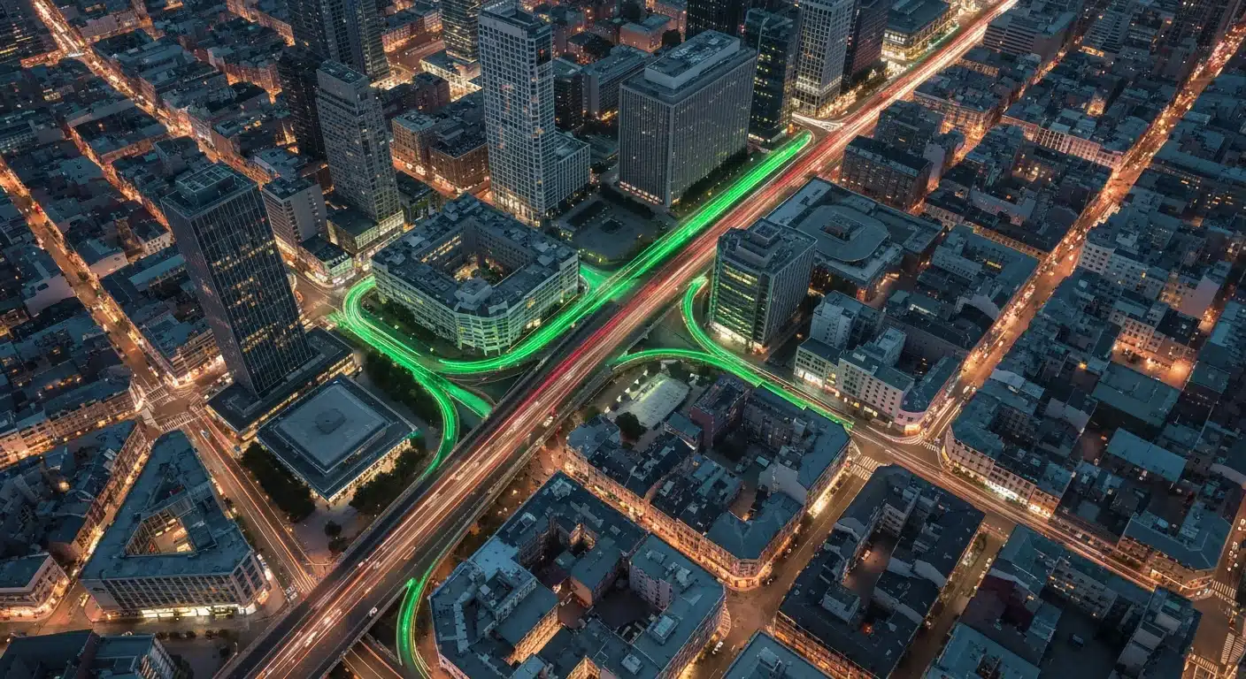 Aerial view of a city grid at dusk, featuring geometric patterns of buildings and roads, with bright green light trails representing data flow and strategic business insights, highlighting future-forward growth.