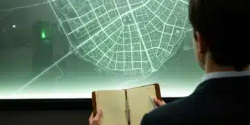 A person viewed from behind, standing before an illuminated frosted glass map of an urban area, holding a worn notebook, symbolizing strategic personal and urban planning in modern living.
