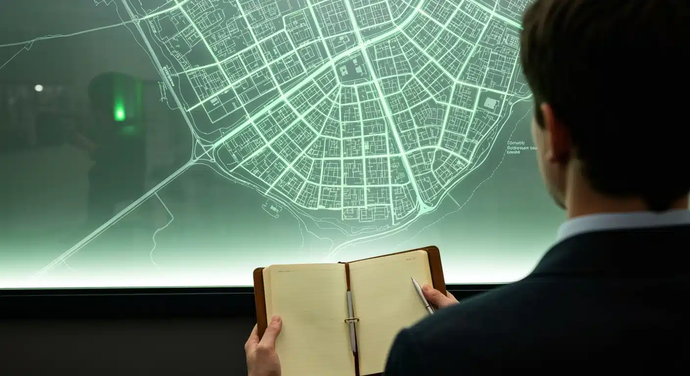 A person viewed from behind, standing before an illuminated frosted glass map of an urban area, holding a worn notebook, symbolizing strategic personal and urban planning in modern living.