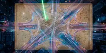 Aerial view of a vibrant, modern city intersection at dusk, with an outdated, faded paper map subtly overlaid, illustrating the contrast between old business models and a dynamic environment.