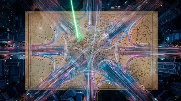 Aerial view of a vibrant, modern city intersection at dusk, with an outdated, faded paper map subtly overlaid, illustrating the contrast between old business models and a dynamic environment.