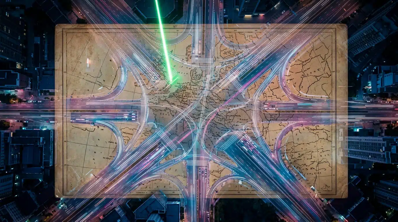 Aerial view of a vibrant, modern city intersection at dusk, with an outdated, faded paper map subtly overlaid, illustrating the contrast between old business models and a dynamic environment.