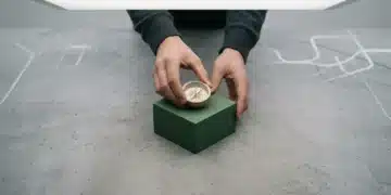 A person's hands carefully positioning a brass compass on a minimalist green geometric block, symbolizing strategic decision-making in modern living.