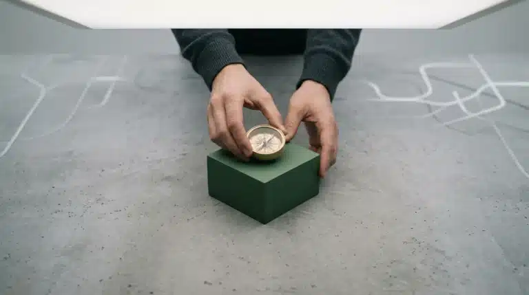 A person's hands carefully positioning a brass compass on a minimalist green geometric block, symbolizing strategic decision-making in modern living.