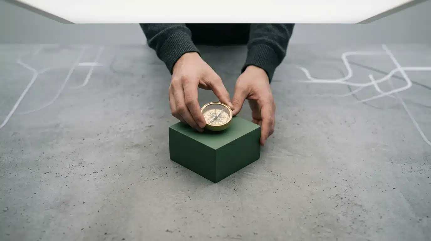 A person's hands carefully positioning a brass compass on a minimalist green geometric block, symbolizing strategic decision-making in modern living.