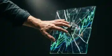 A hand reaching towards a fragmented glass panel displaying a glowing digital market graph, symbolizing digital transformation and market volatility in business.