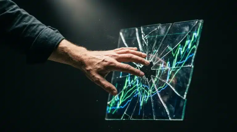 A hand reaching towards a fragmented glass panel displaying a glowing digital market graph, symbolizing digital transformation and market volatility in business.
