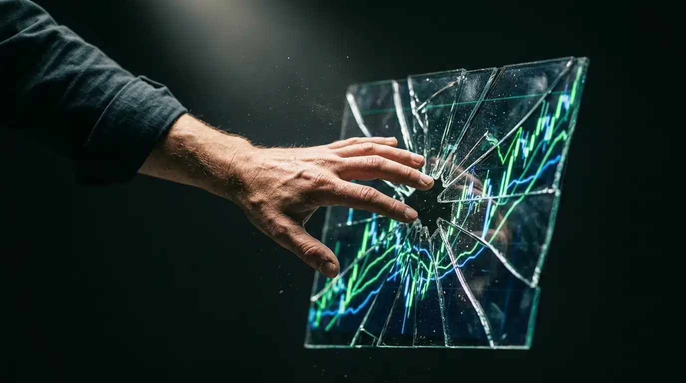 A hand reaching towards a fragmented glass panel displaying a glowing digital market graph, symbolizing digital transformation and market volatility in business.