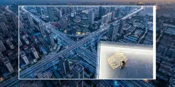 Aerial view of a sprawling modern city at dusk with intricate geometric highways, a person in a minimalist plaza looking at an old paper map, symbolizing outdated strategies.