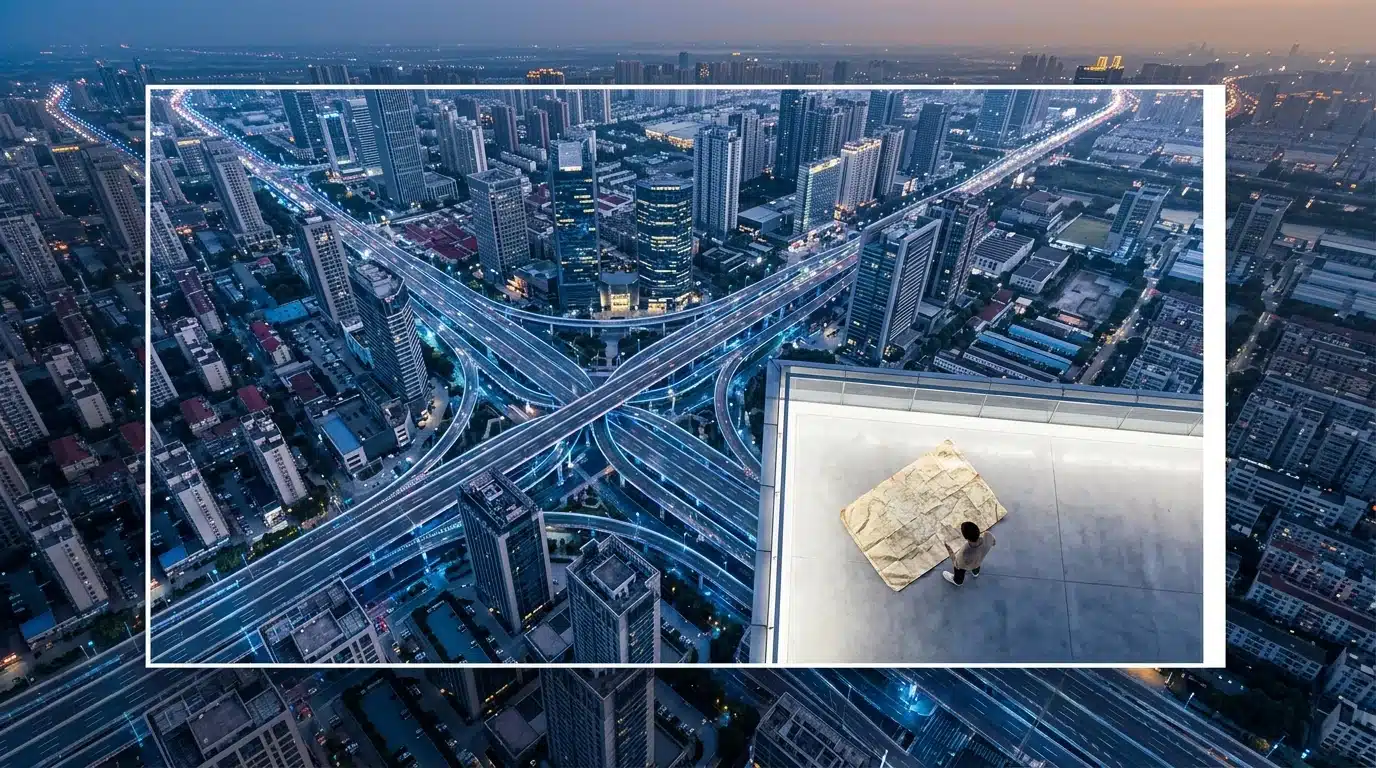 Aerial view of a sprawling modern city at dusk with intricate geometric highways, a person in a minimalist plaza looking at an old paper map, symbolizing outdated strategies.