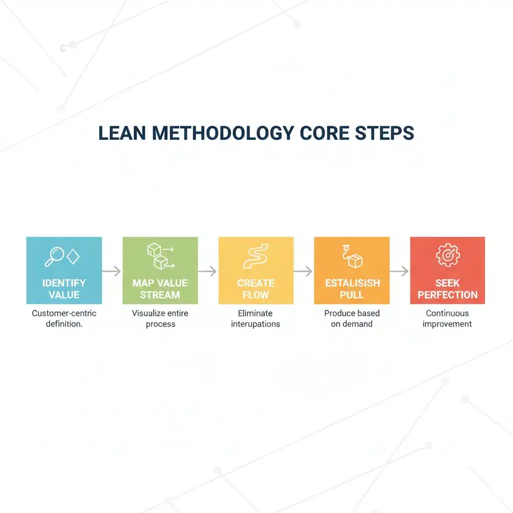 Infographic detailing the five core steps of lean methodology implementation for businesses.