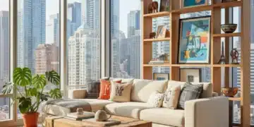 Modern living room with personalized decor and city view, highlighting unique US home aesthetics.