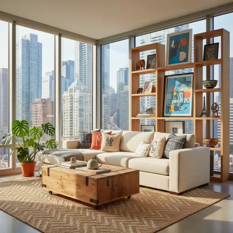 Modern living room with personalized decor and city view, highlighting unique US home aesthetics.