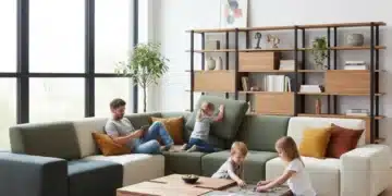 Modern living room with versatile modular furniture, bright and adaptable for family life.