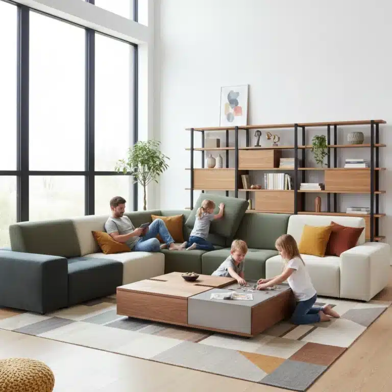 Modern living room with versatile modular furniture, bright and adaptable for family life.