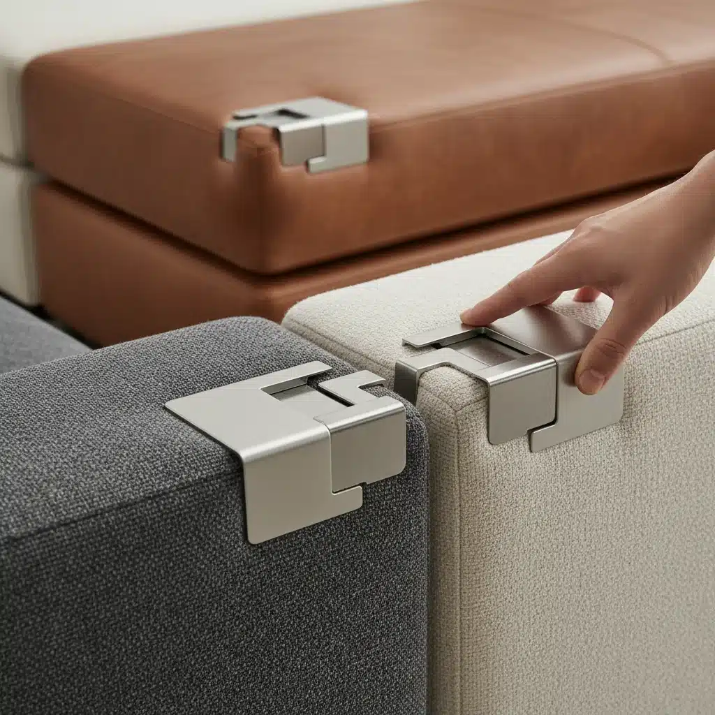 Close-up of modular sofa system showcasing interchangeable sections and easy reconfiguration.