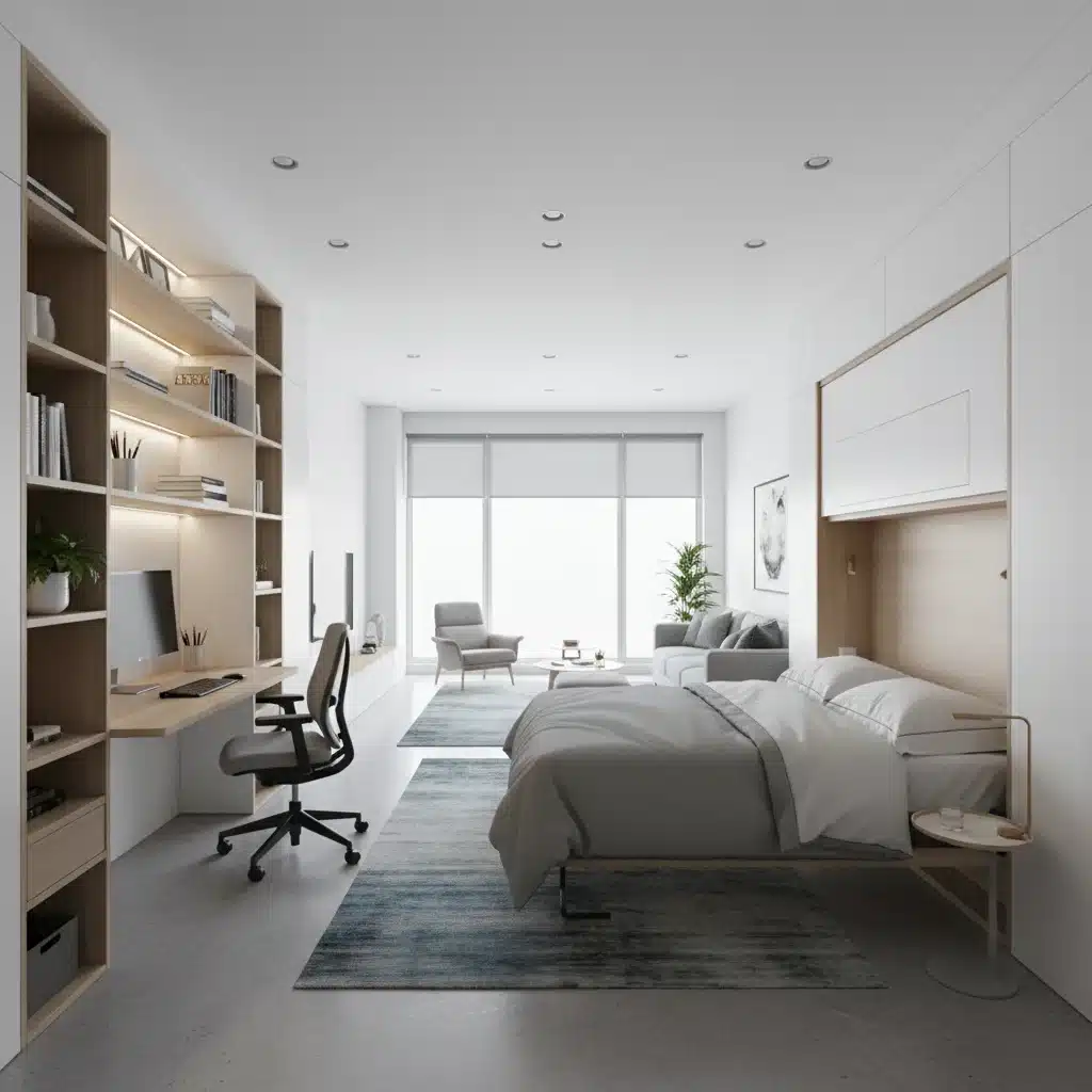 Studio apartment with modular storage and fold-away bed, maximizing small living spaces.